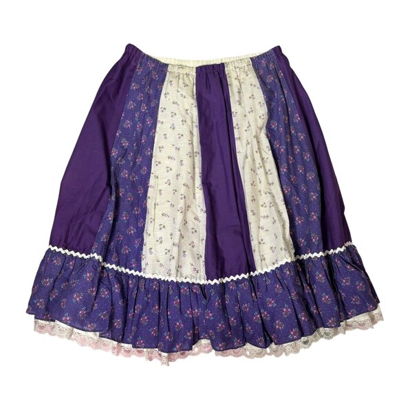 Vintage 80s Floral Prairie Skirt Lace Trim Medium Purple Patchwork Squaredancing - Picture 4 of 6